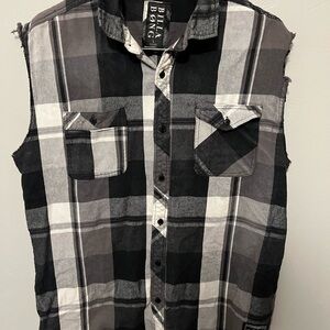 Billabong Men’s Large Plaid Cutoff Button Down Black & White Casual Style